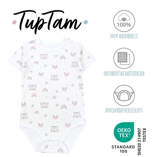TupTam Baby Body Kurzarm im 5er Pack – Bedruckter Body Baby aus Baumwolle für Jungen und Mädchen, Farbe: Streifen_Regenbogen_Little Miracle_Blue, Größe: 80
