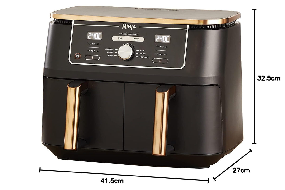 Ninja Foodi MAX Dual Zone Heißluftfritteuse, 9,5L Airfryer, 2 Fächer, mit Zange, Antihaftbeschichtung, spülmaschinenfeste Körbe, 6-in-1, Amazon Exklusiv, Kupfer/Schwarz, AF400EUCP