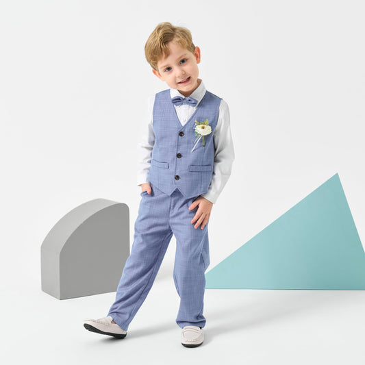 Volunboy Baby Jungen Anzug, Kinder Anzugweste Festliche Hochzeit Kleidung Bekleidung Set 4tlg (3-4 Jahre, Helle Blau, Größe 110)