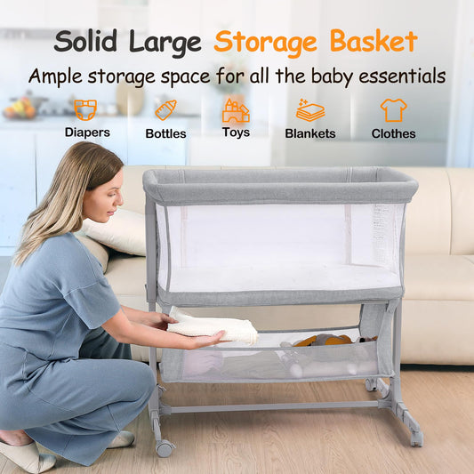 Growaystory Beistellbett Baby Bettseitiger Bassinet für Neugeborene Tragbarer Baby Bett mit Rädern Aufbewahrungskorb Matratze 7-Fach Höhenverstellbar Zustellbett (Hellgrau)