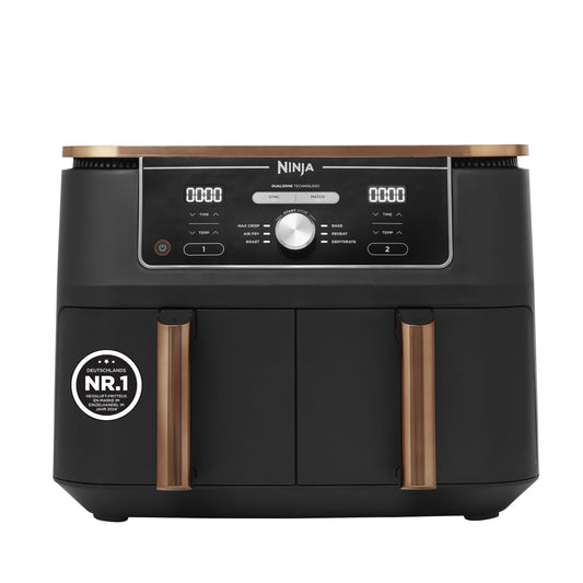 Ninja Foodi MAX Dual Zone Heißluftfritteuse, 9,5L Airfryer, 2 Fächer, mit Zange, Antihaftbeschichtung, spülmaschinenfeste Körbe, 6-in-1, Amazon Exklusiv, Kupfer/Schwarz, AF400EUCP