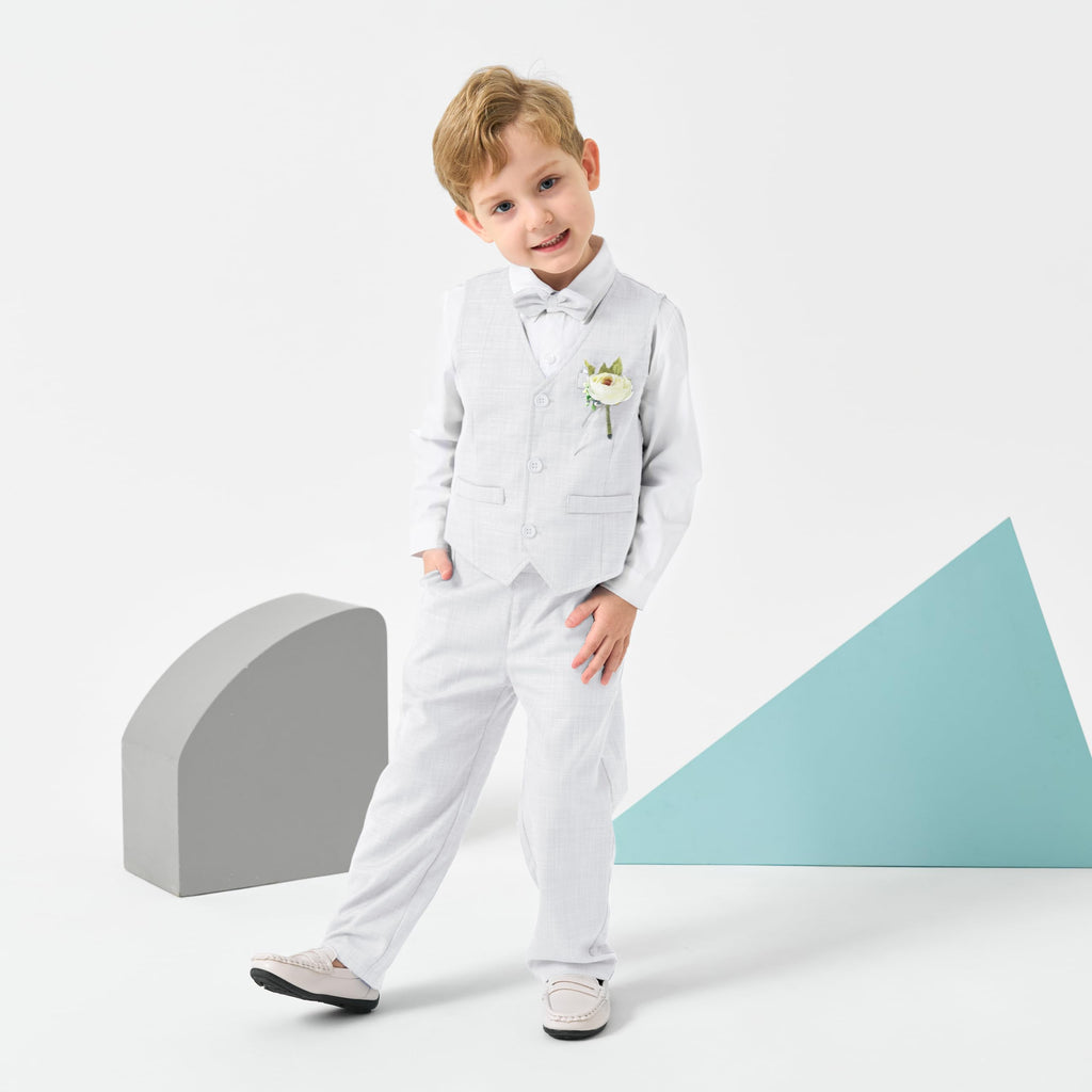 Volunboy Baby Jungen Anzug, Kinder Anzugweste Festliche Hochzeit Kleidung Bekleidung Set 4tlg(Größe 110,3-4 Jahre,Reines Weiß