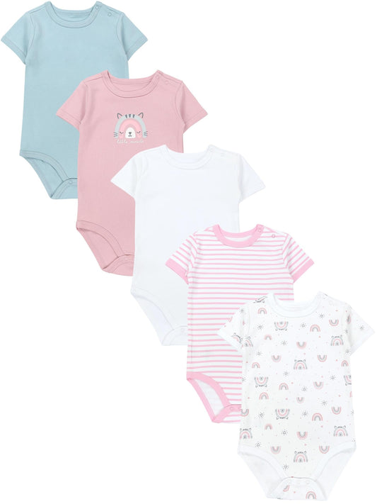 TupTam Baby Body Kurzarm im 5er Pack – Bedruckter Body Baby aus Baumwolle für Jungen und Mädchen, Farbe: Streifen_Regenbogen_Little Miracle_Blue, Größe: 80
