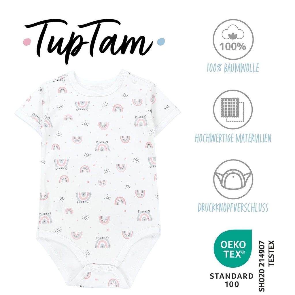 TupTam Baby Body Kurzarm im 5er Pack – Bedruckter Body Baby aus Baumwolle für Jungen und Mädchen, Farbe: Streifen_Regenbogen_Little Miracle_Blue, Größe: 80