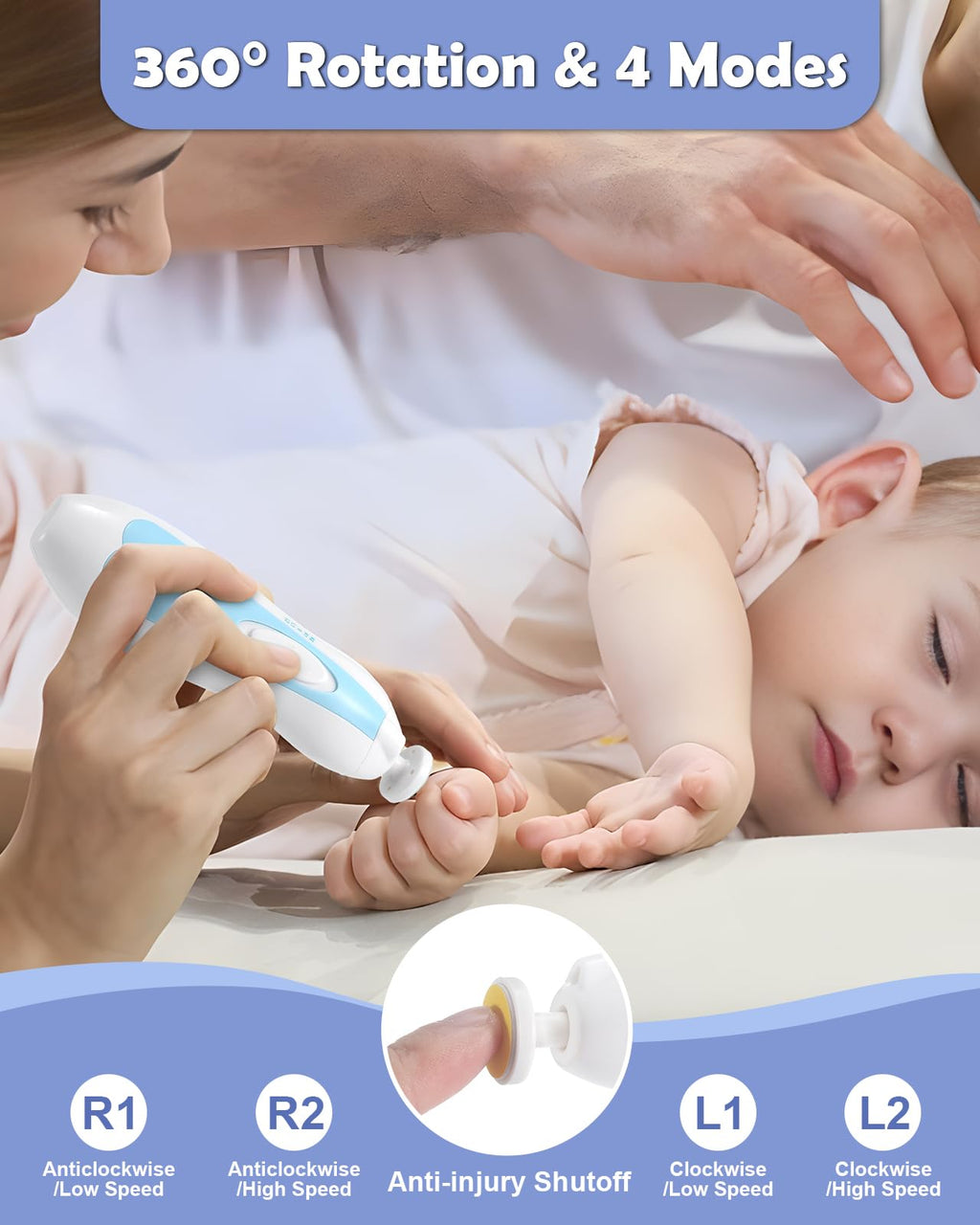 Lictin Baby Nagelfeile Elektrisch, Elektrische Nagelfeile mit 6 Schleifkopf,30 in 1 Baby Nagelset mit LED Licht, Nagelpflegeset Elektrisch für Babys, Kleinkind, Erwachsene, USB Laden, Hellblau