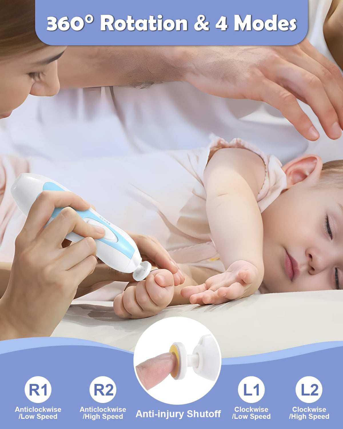 Lictin Baby Nagelfeile Elektrisch, Elektrische Nagelfeile mit 6 Schleifkopf,30 in 1 Baby Nagelset mit LED Licht, Nagelpflegeset Elektrisch für Babys, Kleinkind, Erwachsene, USB Laden, Hellblau