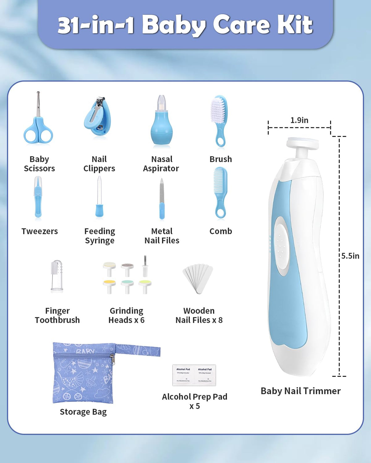 Lictin Baby Nagelfeile Elektrisch, Elektrische Nagelfeile mit 6 Schleifkopf,30 in 1 Baby Nagelset mit LED Licht, Nagelpflegeset Elektrisch für Babys, Kleinkind, Erwachsene, USB Laden, Hellblau