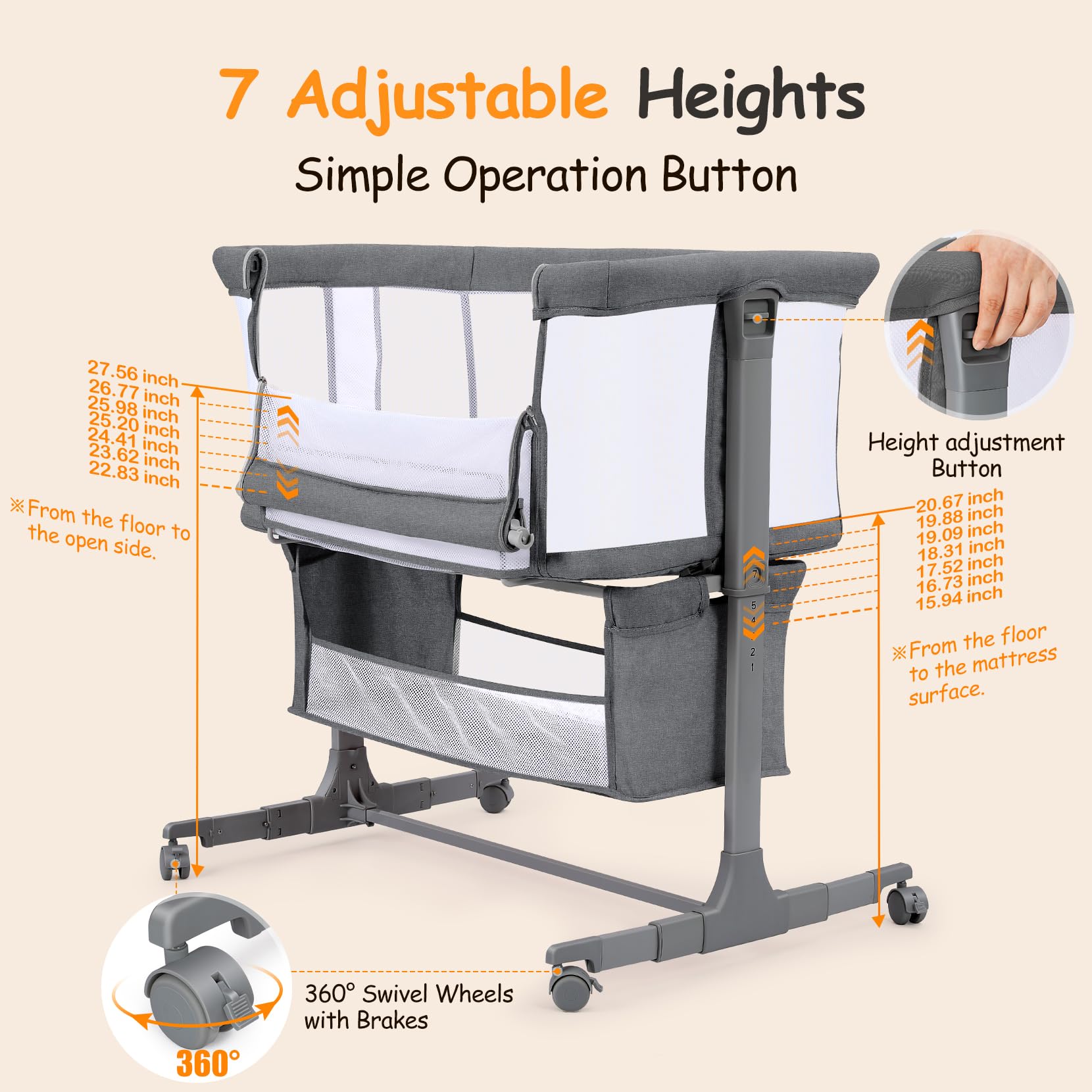 Growaystory Beistellbett Baby Bettseitiger Bassinet für Neugeborene Tragbarer Baby Bett mit Rädern Aufbewahrungskorb Matratze 7-Fach Höhenverstellbar Zustellbett (Dunkelgrau)