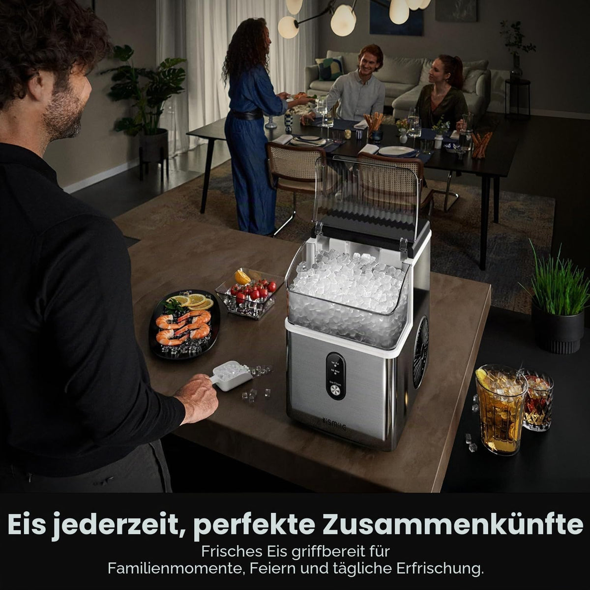 Kismile Nugget Eiswürfelbereiter, tragbare Eismaschine mit zerkleinertem Eis, 15,9 kg/Tag, selbstreinigend, Ein-Klick-Bedienung für den Heimgebrauch (Silber)