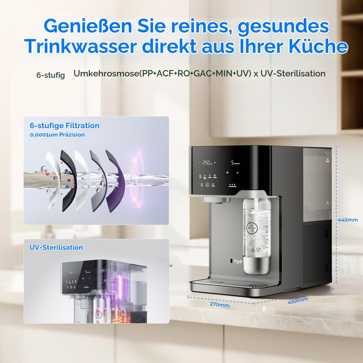 Hydrofast Osmoseanlage Wasserbar mit Wassersprudler, Auftisch Heißwasserspender & Eiswasserspender, 6-Stufen RO Wasserfilter ohne Festwasseranschluss für Zuhause & Büro, 5L