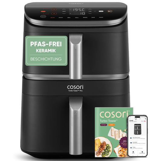 COSORI Turbo Tower Pro Smart Airfryer, 10,8L Keramikbeschichtung Heißluftfritteuse, DualBlaze-Technologie und WLAN-Steuerung, Silbergrau, Grau Silber
