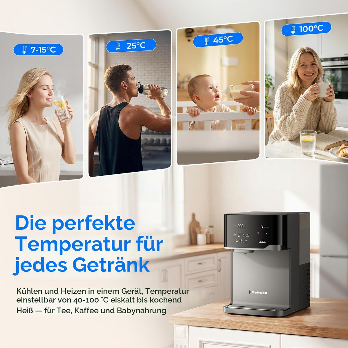 Hydrofast Osmoseanlage Wasserbar mit Wassersprudler, Auftisch Heißwasserspender & Eiswasserspender, 6-Stufen RO Wasserfilter ohne Festwasseranschluss für Zuhause & Büro, 5L