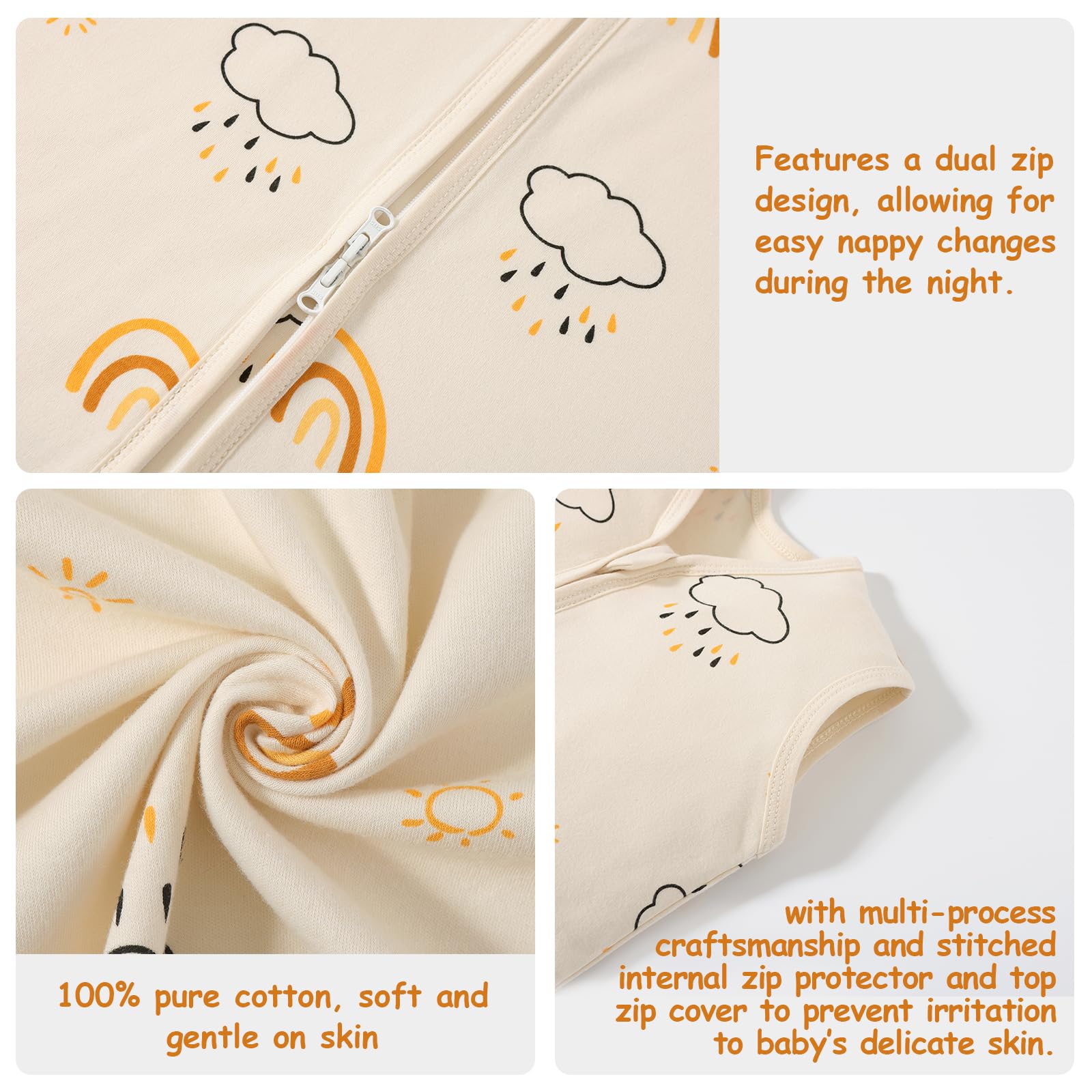 PewinGo Baby Schlafsack 0.5 TOG 2PCS aus 100%-Baumwolle für Neugeborene 0-6 Monate, Doppelreißverschluss, Weich & Atmungsaktiv, Maschinenwaschbar (Beige)
