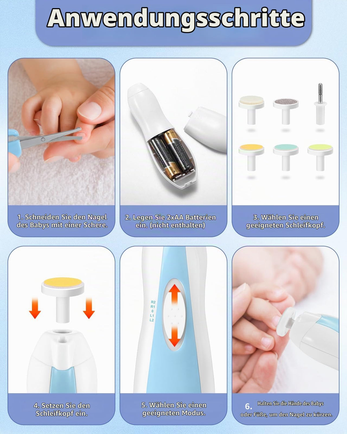Lictin Baby Nagelfeile Elektrisch, Elektrische Nagelfeile mit 6 Schleifkopf,30 in 1 Baby Nagelset mit LED Licht, Nagelpflegeset Elektrisch für Babys, Kleinkind, Erwachsene, USB Laden, Hellblau
