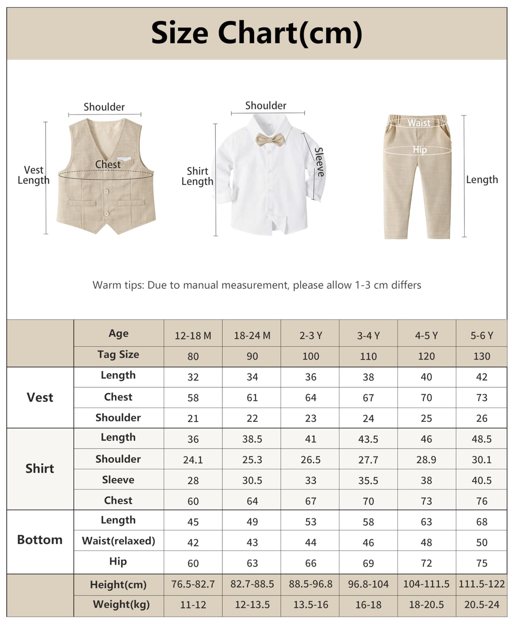 Volunboy Baby Jungen Anzug, Kinder Anzugweste Festliche Hochzeit Kleidung Bekleidung Set 4tlg(Größe 130,5-6 Jahre,Helles Khaki