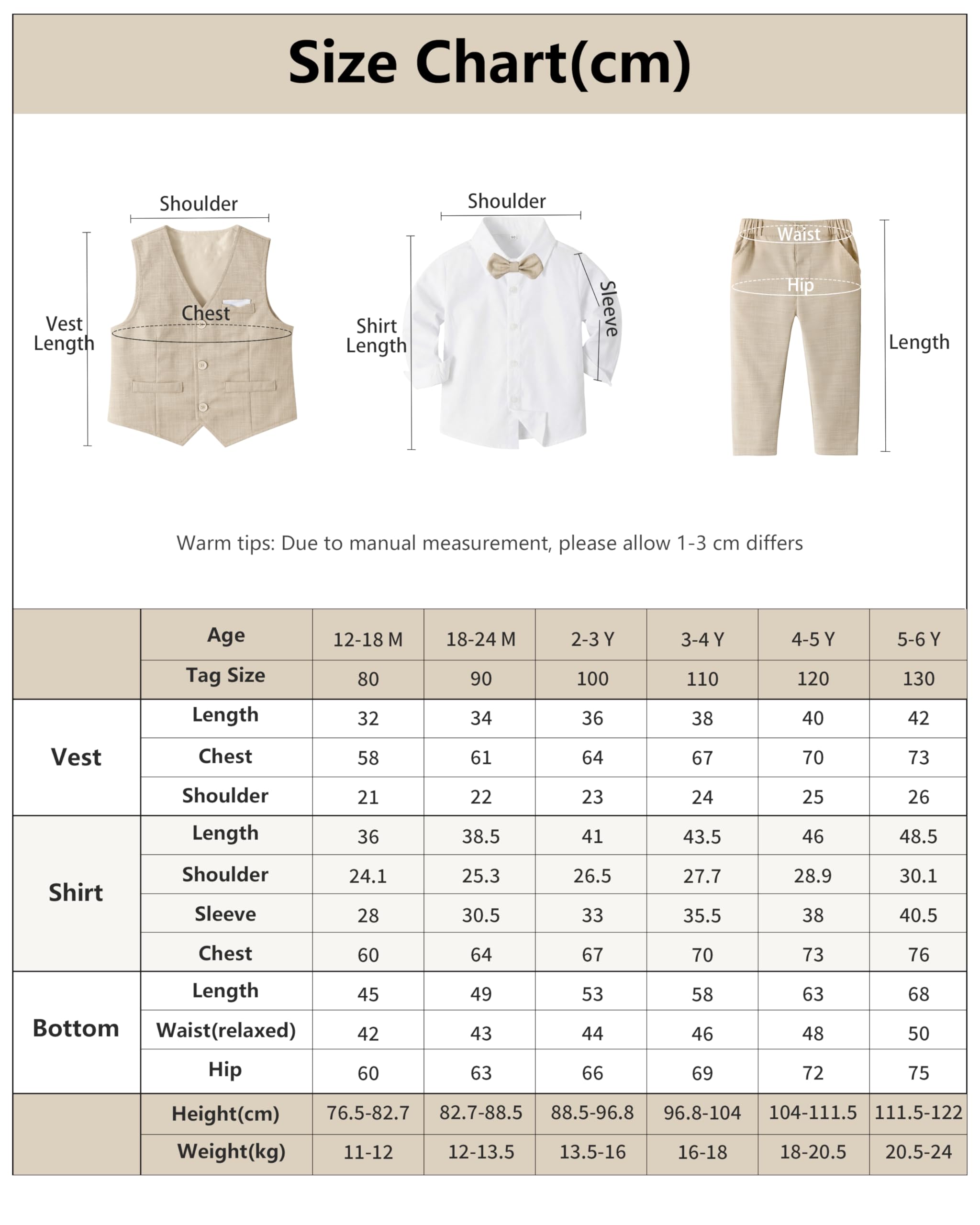 Volunboy Baby Jungen Anzug, Kinder Anzugweste Festliche Hochzeit Kleidung Bekleidung Set 4tlg(Größe 130,5-6 Jahre,Helles Khaki