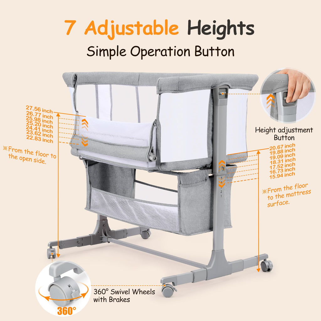 Growaystory Beistellbett Baby Bettseitiger Bassinet für Neugeborene Tragbarer Baby Bett mit Rädern Aufbewahrungskorb Matratze 7-Fach Höhenverstellbar Zustellbett (Hellgrau)