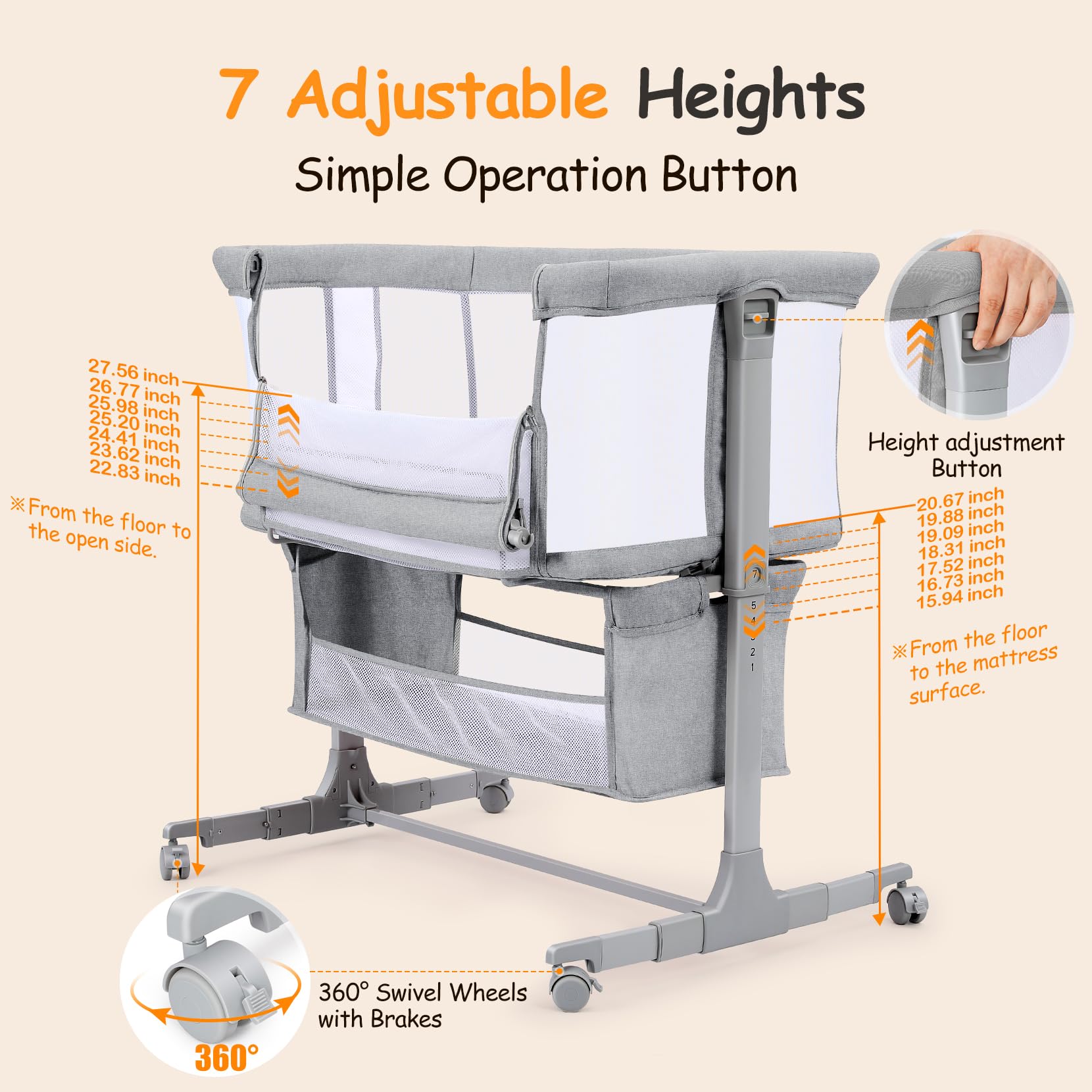 Growaystory Beistellbett Baby Bettseitiger Bassinet für Neugeborene Tragbarer Baby Bett mit Rädern Aufbewahrungskorb Matratze 7-Fach Höhenverstellbar Zustellbett (Hellgrau)