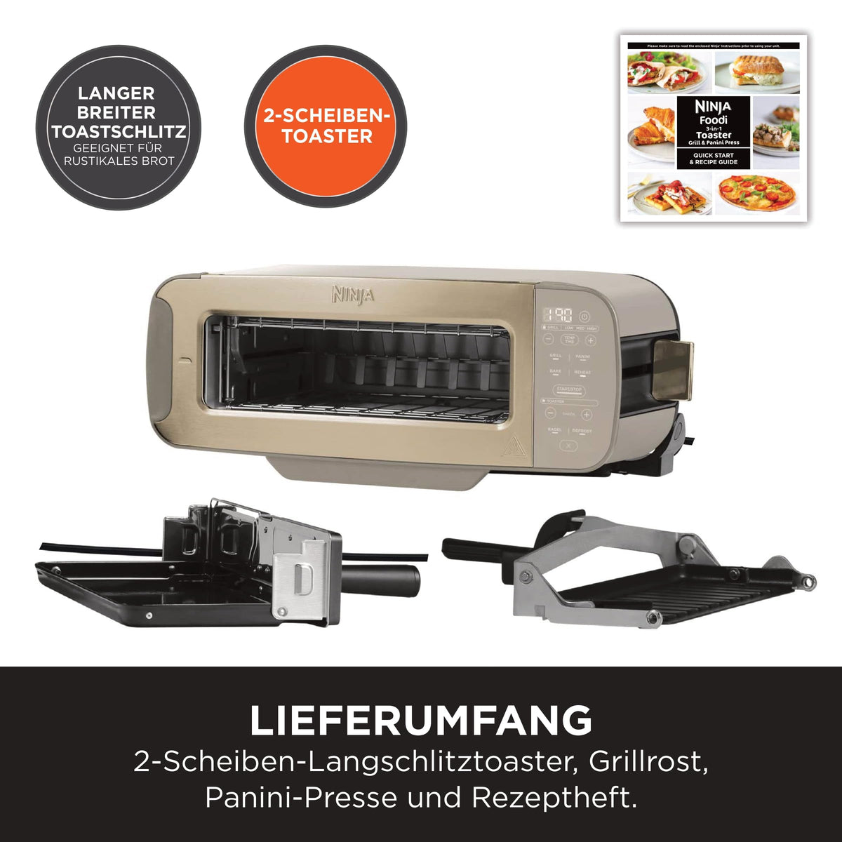 Ninja Foodi 3-in-1 Toaster, Elektrogrill mit Deckel, ST202EUSTGD