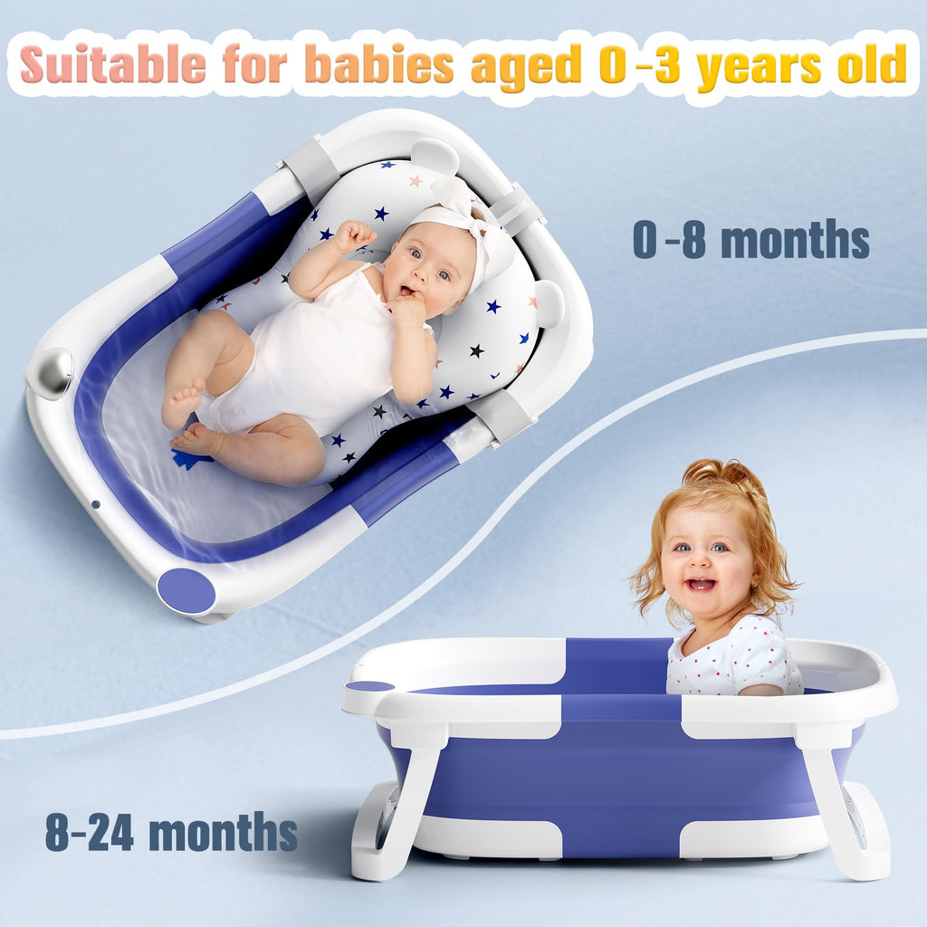 Rabb 1st Baby Badewanne Faltbare, Baby Bathtub Babywanne Faltbar Babybadewanne Tragbare Wanne für Neugeborene Kleinkinder mit Rutschfester Matte und Abflussloch (Kein Thermometer) (Blau)