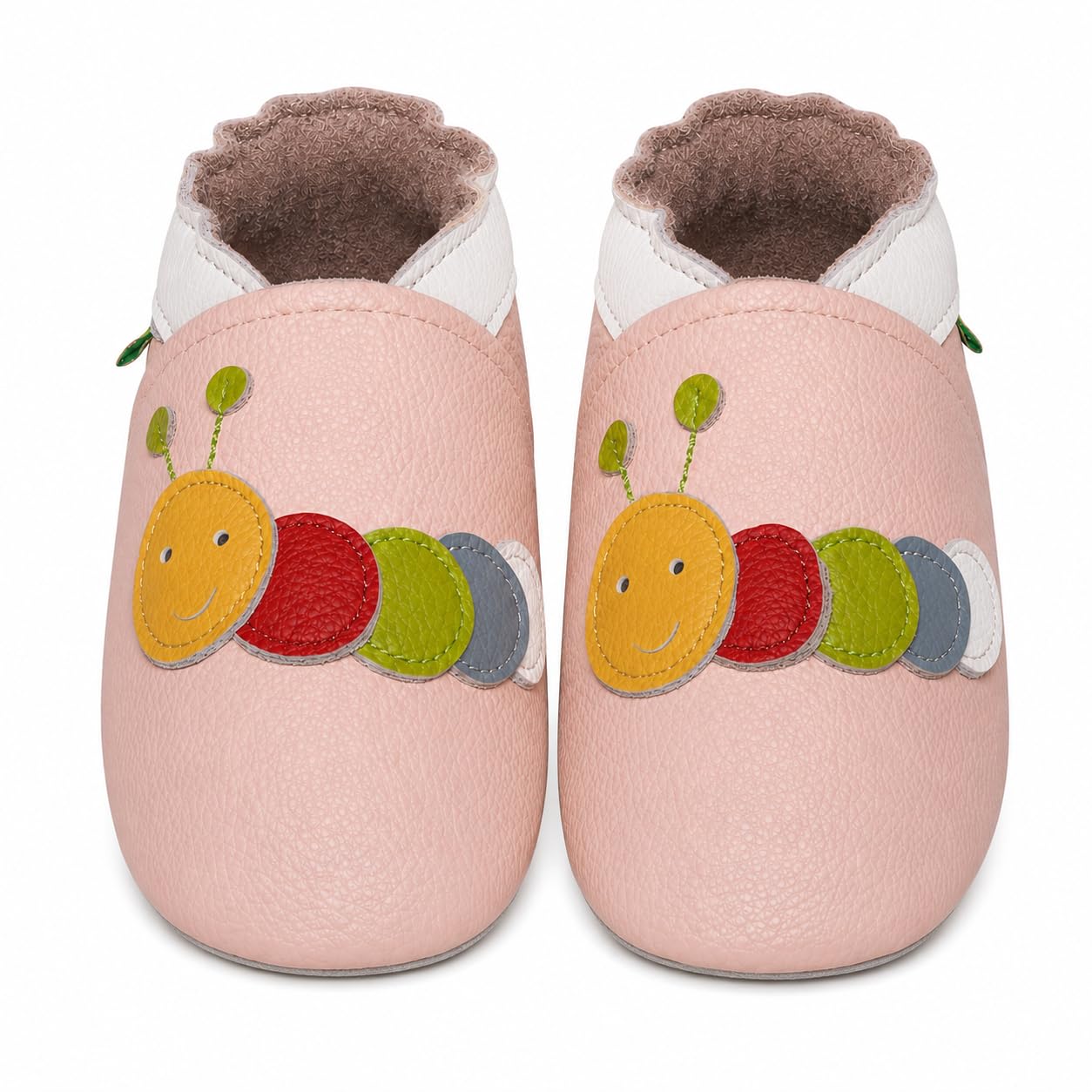 SAYOYO Weiche Leder Krabbelschuhe Baby Lauflernschuhe Jungen rutschfeste Babyhausschuhe Mädchen Kleinkind Lederschuhe, 12-18 Monate, Rosa Caterpillar