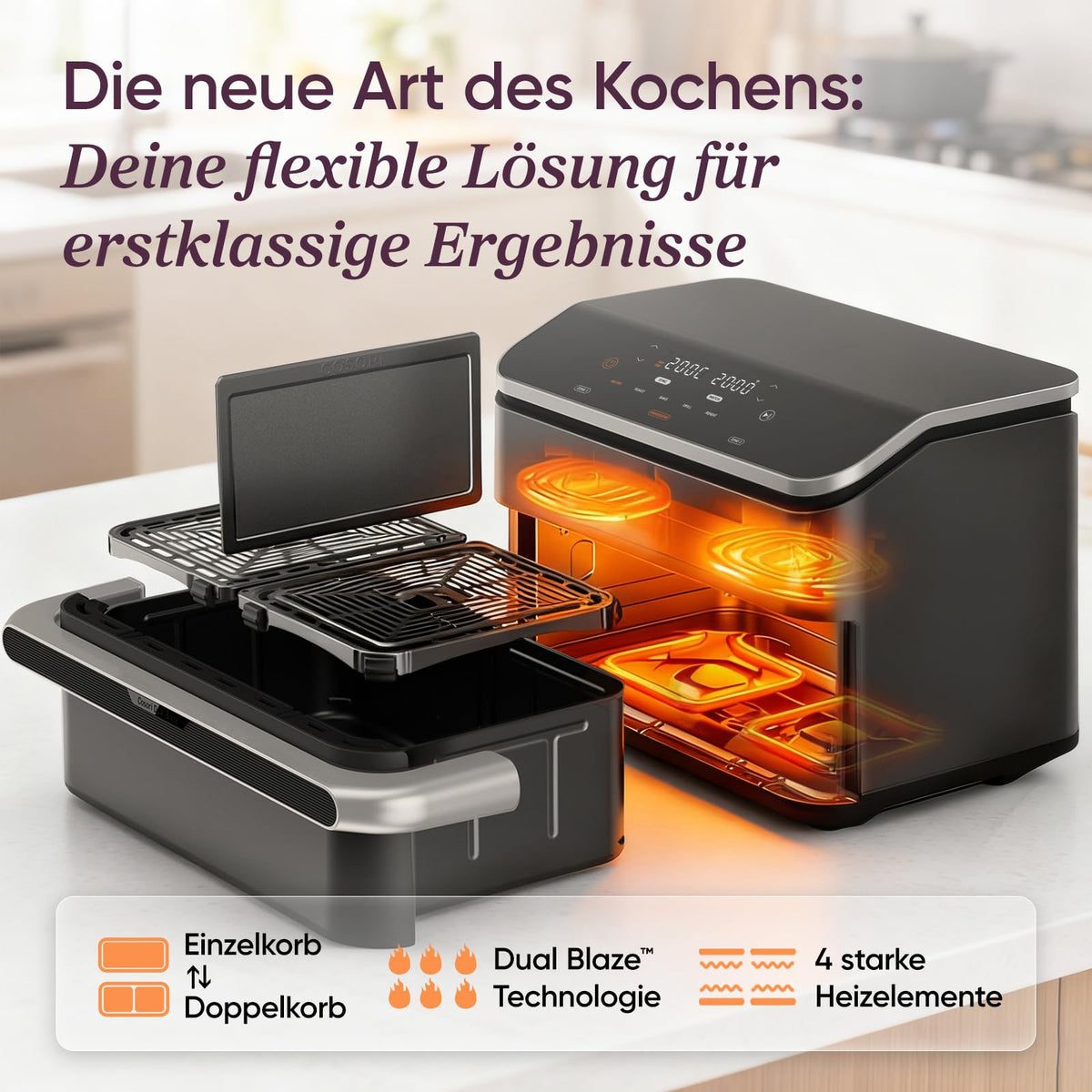 Cosori Airfryer, Dual Blaze Twinfry, Flexiblen Kammern, 10L