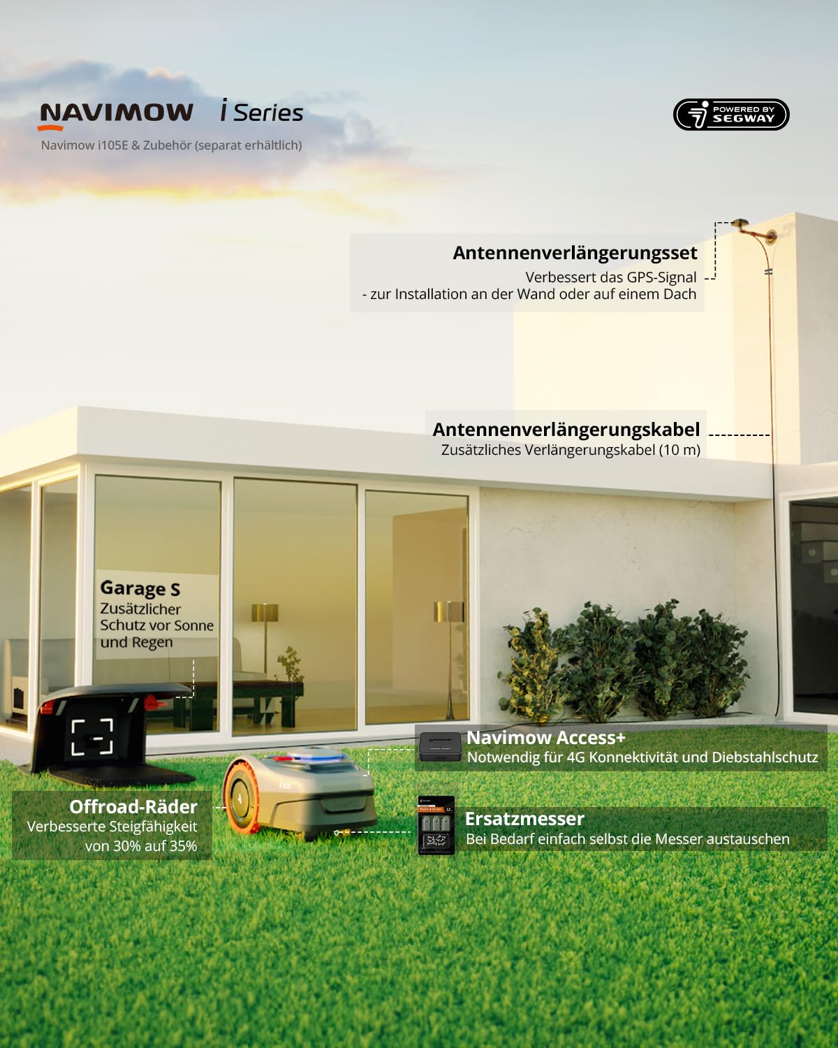 Navimow i105E Mähroboter ohne Begrenzungskabel, Empf. 500 m², RTK+Vision