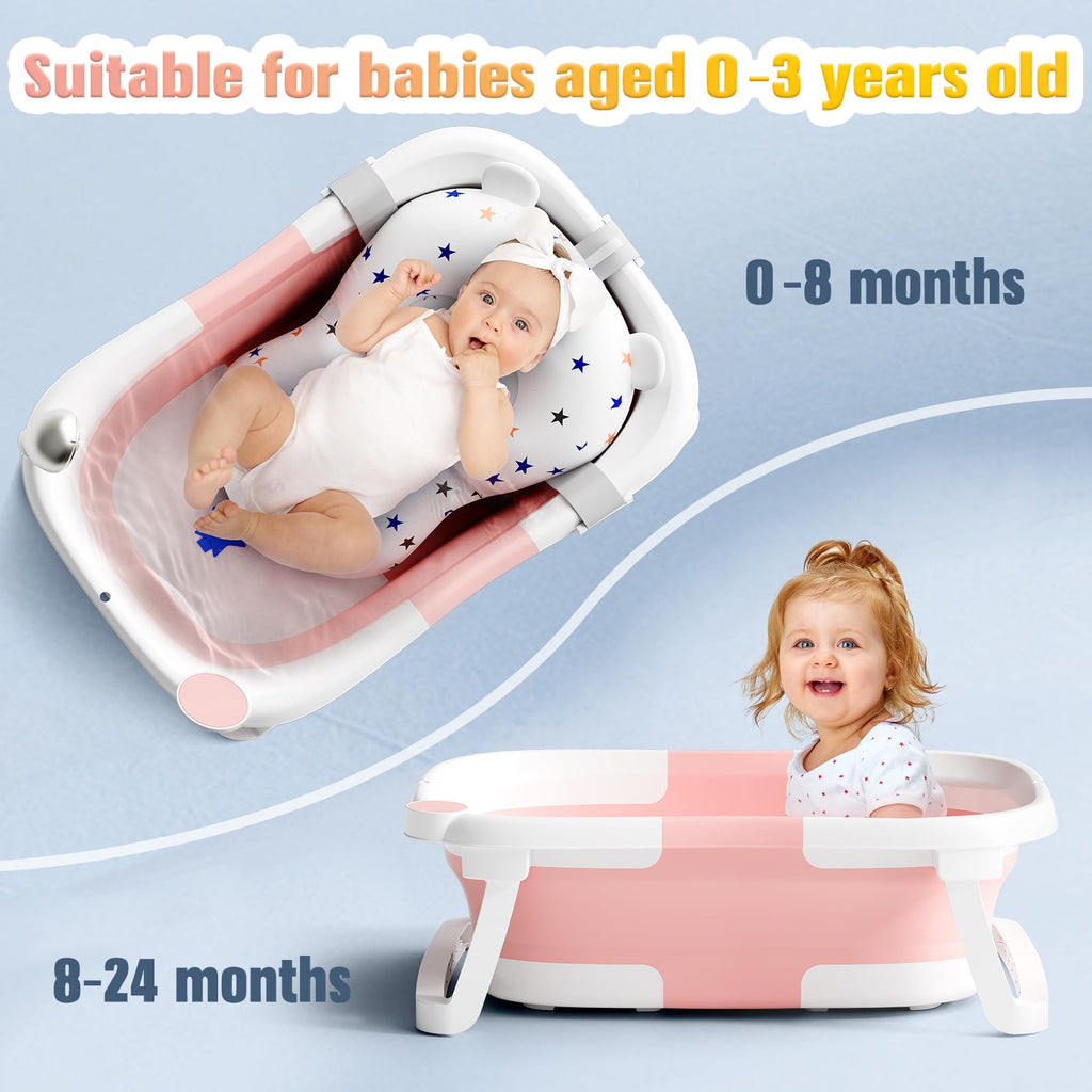 Rabb 1st Baby Badewanne Faltbare, Baby Bathtub Babywanne Faltbar Babybadewanne Tragbare Wanne für Neugeborene Kleinkinder mit Rutschfester Matte und Abflussloch (Kein Thermometer) (Rosa)
