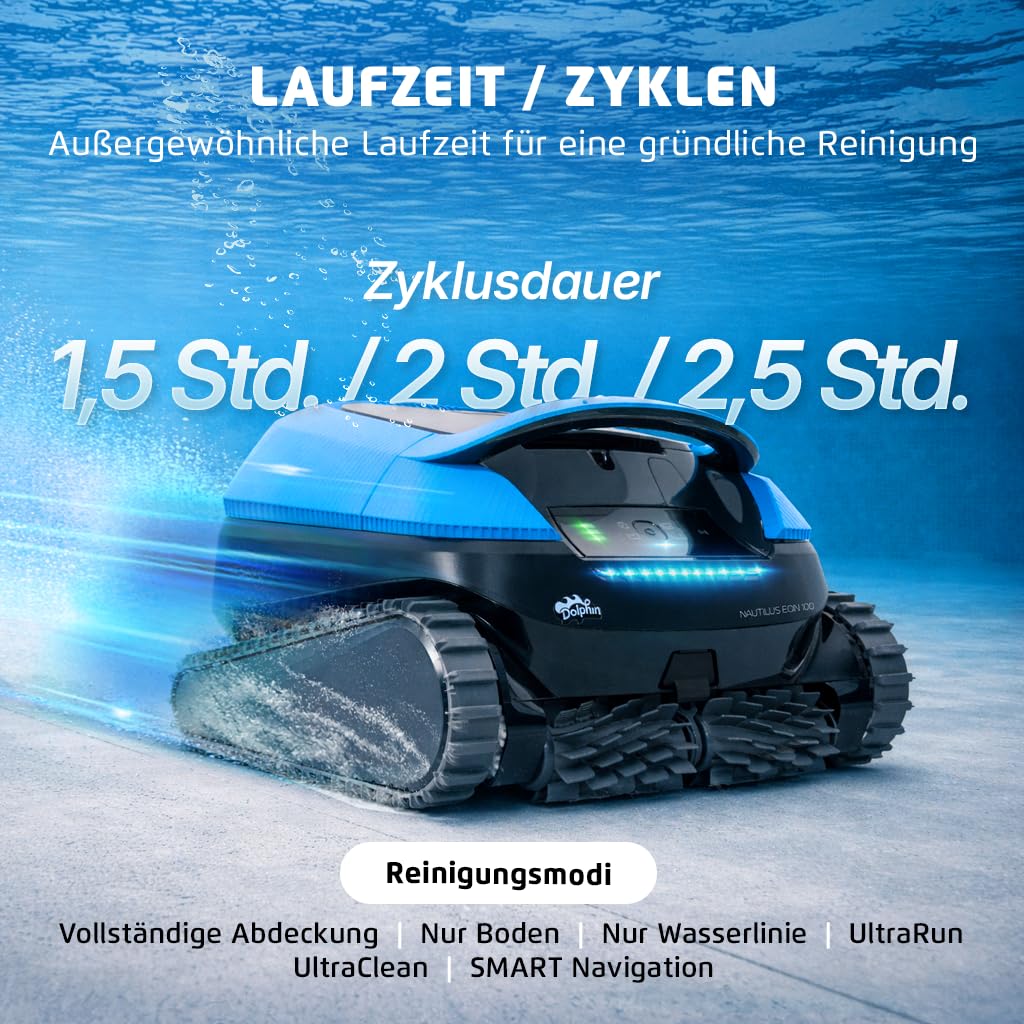 Dolphin (NEW Nautilus EON 100 Poolroboter Boden und Wand, Treppen, Wasserlinienreinigung, Feiner Filter, UltraRun-Reinigungen, App-Steuerung, Intelligente Navigation, Eingelassene Pools bis zu 15m