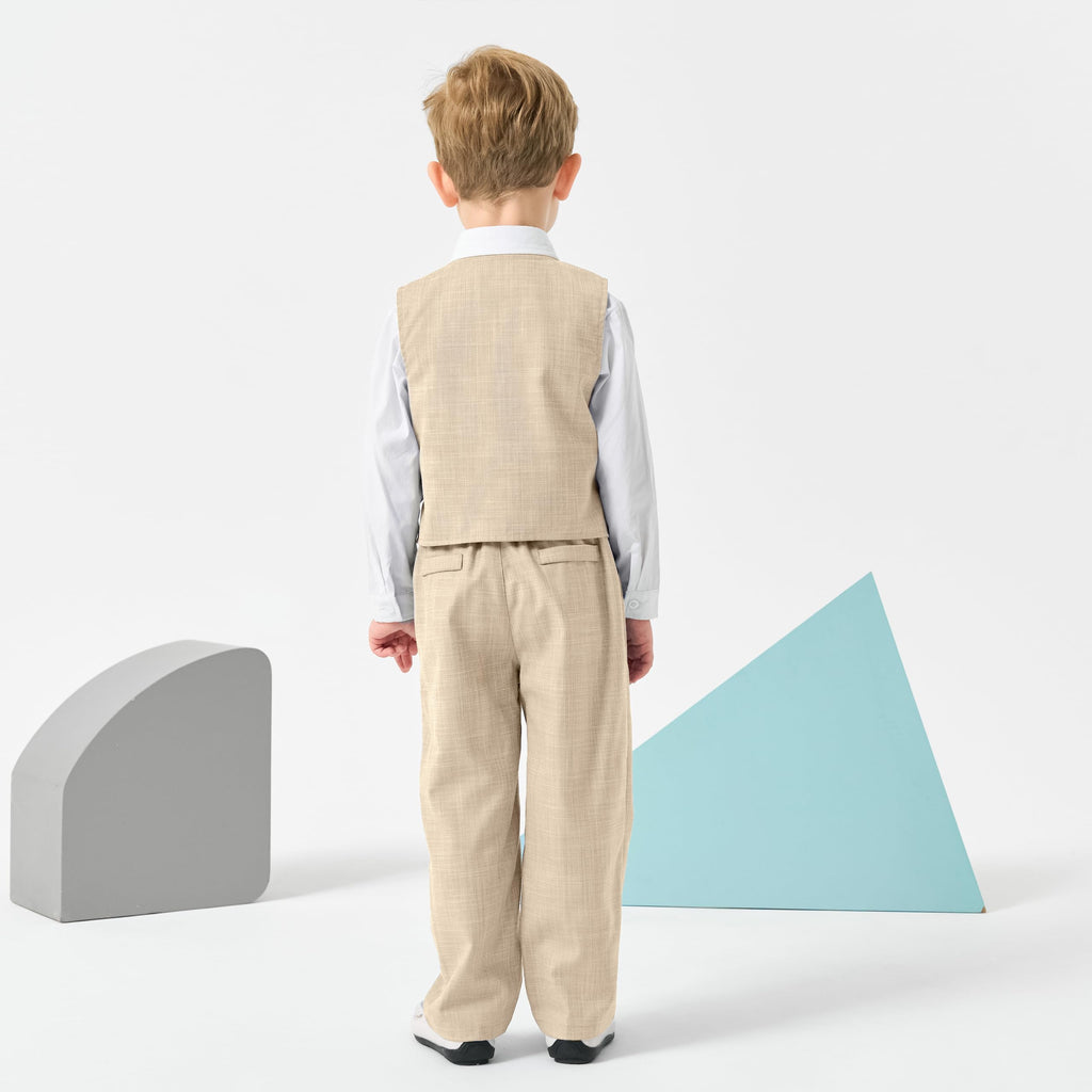 Volunboy Baby Jungen Anzug, Kinder Anzugweste Festliche Hochzeit Kleidung Bekleidung Set 4tlg(Größe 130,5-6 Jahre,Helles Khaki