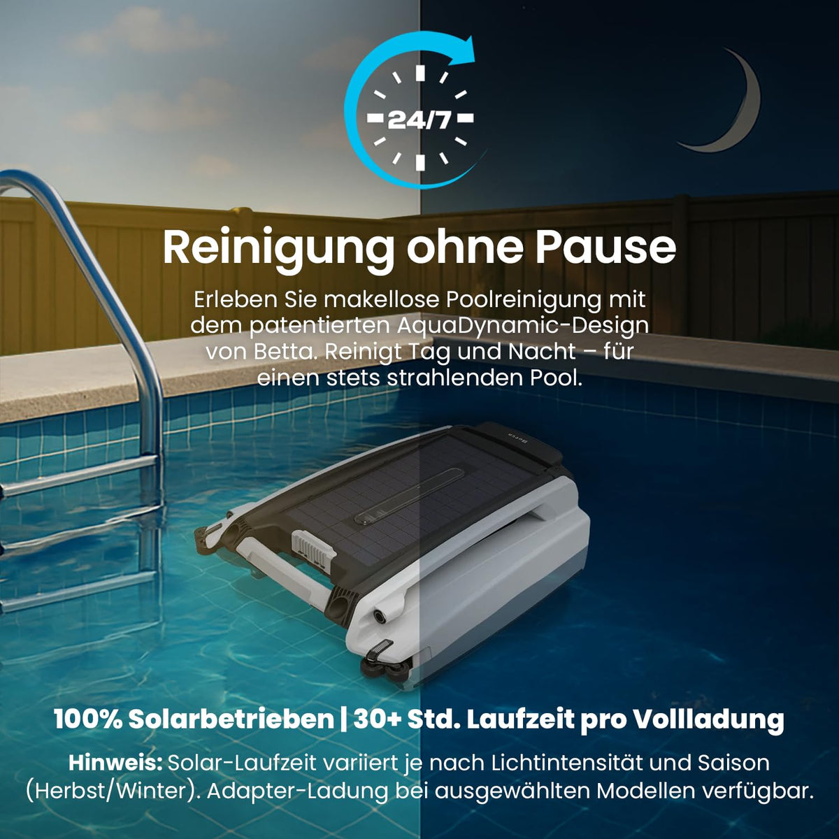 Betta SE Solar Pool Skimmer Roboter, Poolroboter Oberflächenreiniger – 30h Akku, Salzwasserbeständig, Smarte Hindernisvermeidung, 24/7 Automatische Reinigung (Weiß)