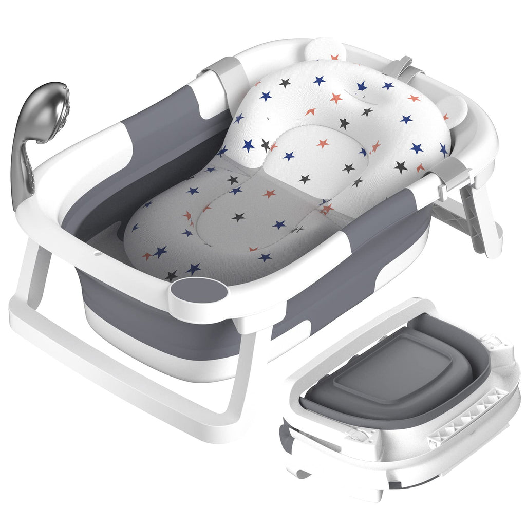 Rabb 1st Baby Badewanne Faltbare, Baby Bathtub Babywanne Faltbar Babybadewanne Tragbare Wanne für Neugeborene Kleinkinder mit Rutschfester Matte und Abflussloch (Kein Thermometer) (Grau)