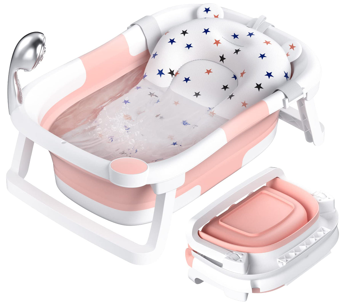 Rabb 1st Baby Badewanne Faltbare, Baby Bathtub Babywanne Faltbar Babybadewanne Tragbare Wanne für Neugeborene Kleinkinder mit Rutschfester Matte und Abflussloch (Kein Thermometer) (Rosa)