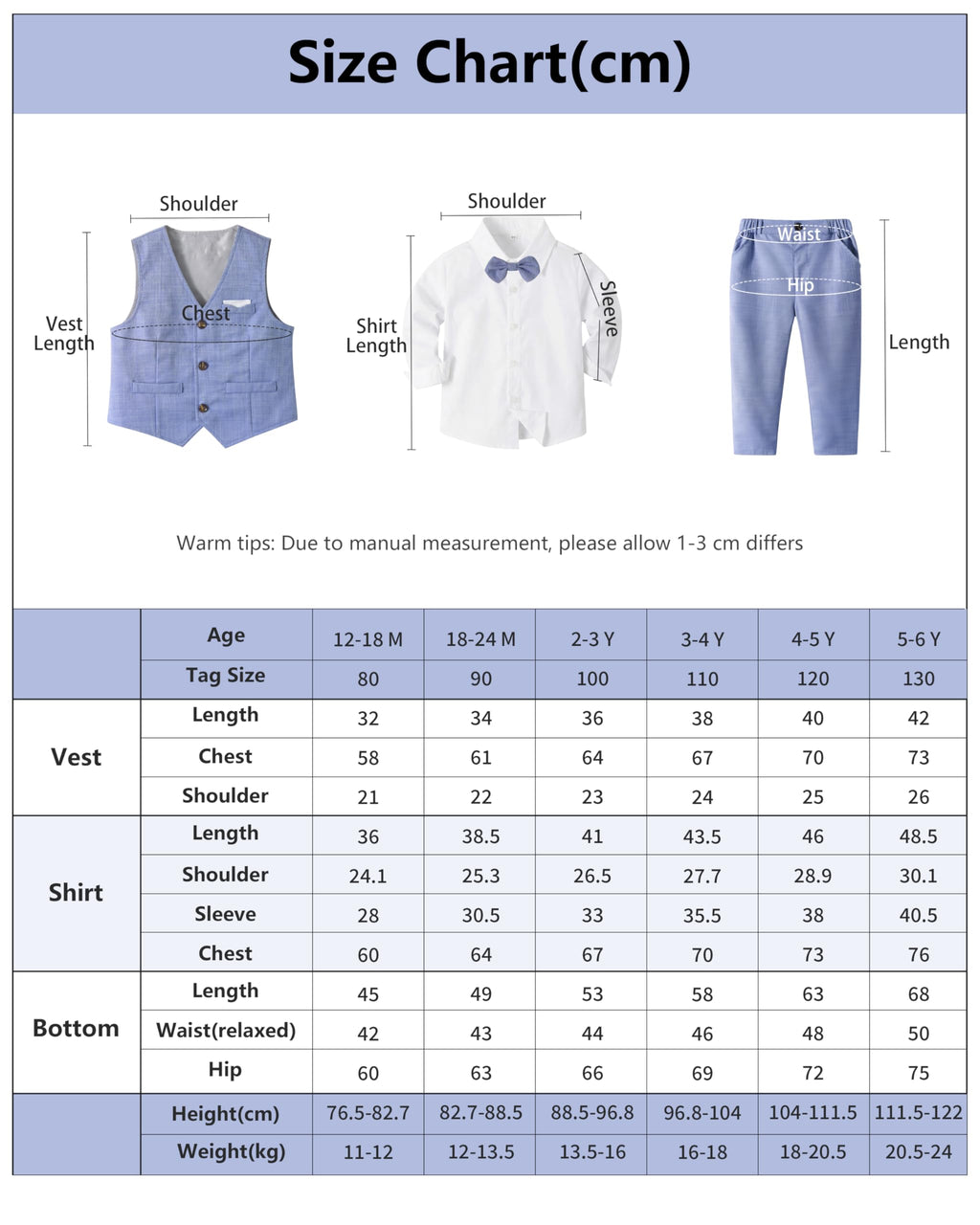 Volunboy Baby Jungen Anzug, Kinder Anzugweste Festliche Hochzeit Kleidung Bekleidung Set 4tlg (3-4 Jahre, Helle Blau, Größe 110)