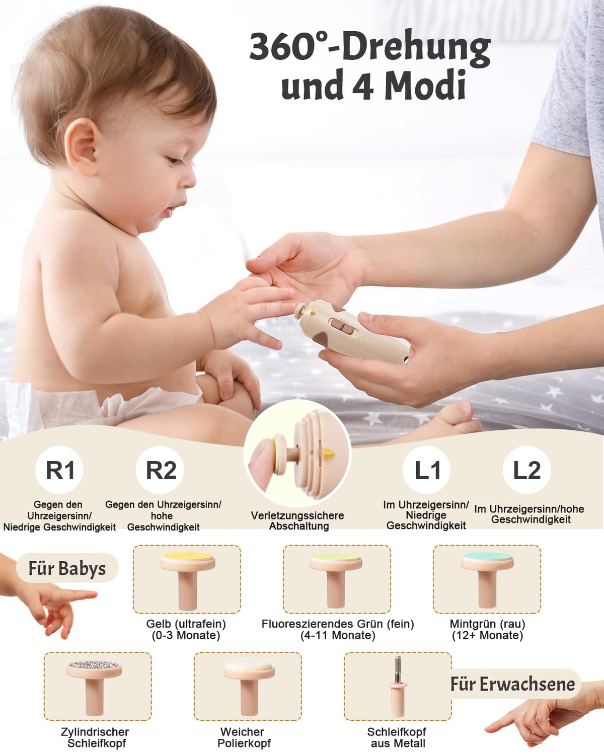Lictin Baby Nagelfeile Elektrisch, 25 in 1 Baby Nagelset,Khaki