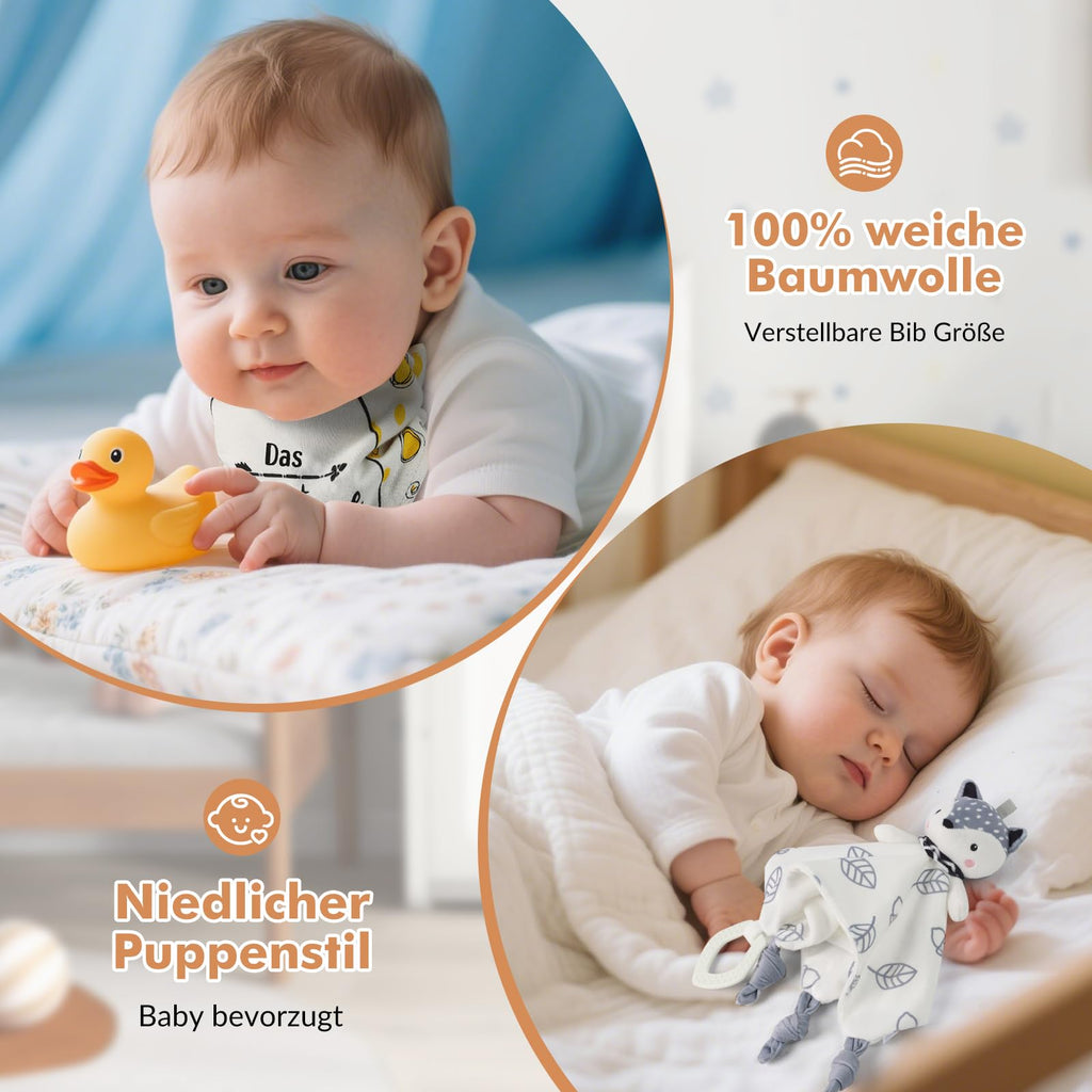 Neugeborenen Geschenk, 7-in-1Baby Geschenkset für Jungen Mädchen: Baby Decke,Schmusetuch, Holzrassel mit Elefant, Lätzchen,Socken in Geschenkbox|Baby Geburt Geschenk, Babyparty Idee-Beige