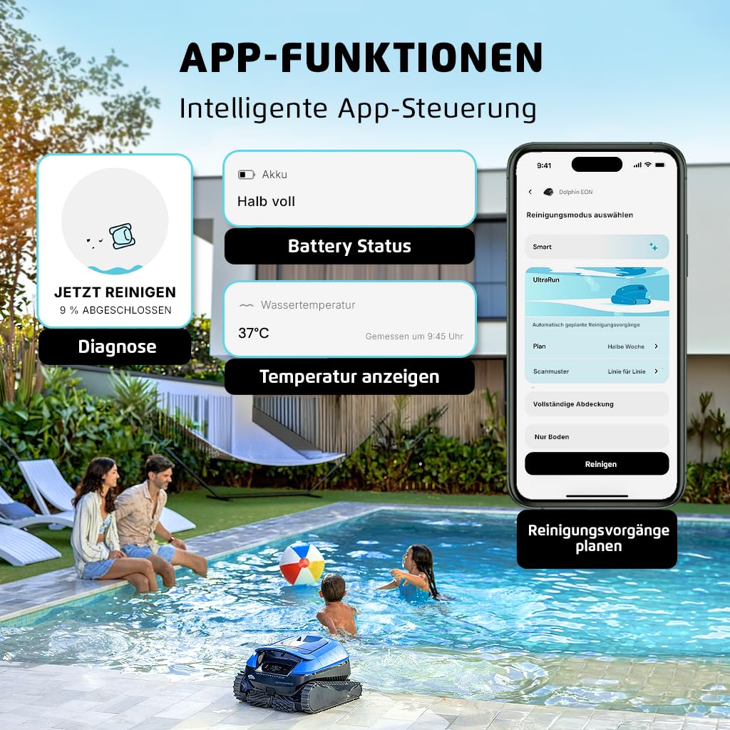 Dolphin (NEW Nautilus EON 100 Poolroboter Boden und Wand, Treppen, Wasserlinienreinigung, Feiner Filter, UltraRun-Reinigungen, App-Steuerung, Intelligente Navigation, Eingelassene Pools bis zu 15m