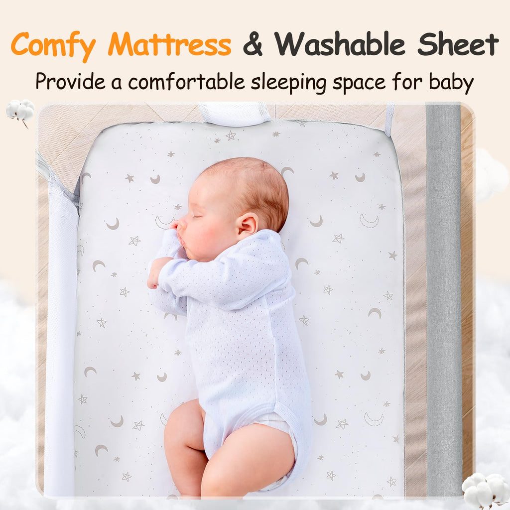 Growaystory Beistellbett Baby Bettseitiger Bassinet für Neugeborene Tragbarer Baby Bett mit Rädern Aufbewahrungskorb Matratze 7-Fach Höhenverstellbar Zustellbett (Hellgrau)