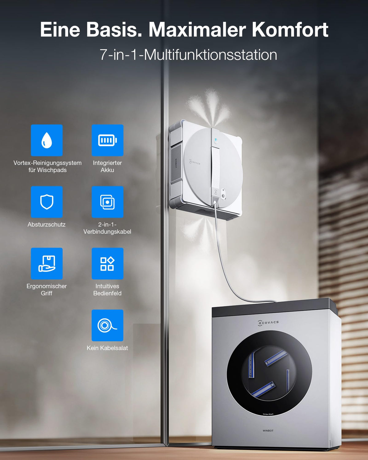 ECOVACS WINBOT W3 OMNI Fensterputzroboter mit Multifunktionsstation, Automatische Reinigung der Wischpads, Intelligente Reinigung entlang der Ränder, Sprühen mit drei Düsen, App-Steuerung