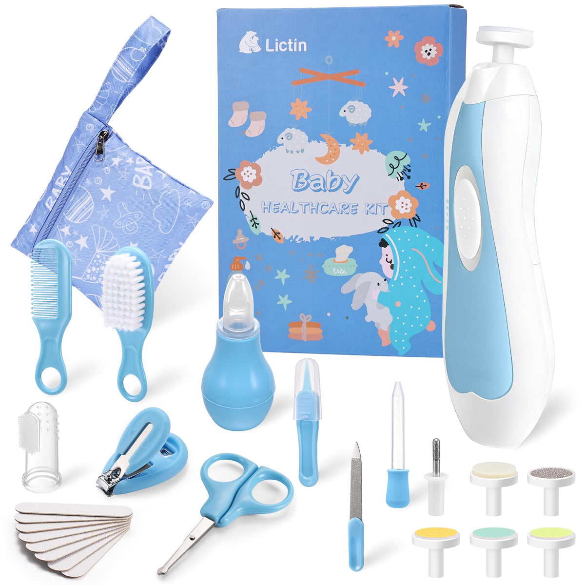 Lictin Baby Nagelfeile Elektrisch, Elektrische Nagelfeile mit 6 Schleifkopf,30 in 1 Baby Nagelset mit LED Licht, Nagelpflegeset Elektrisch für Babys, Kleinkind, Erwachsene, USB Laden, Hellblau