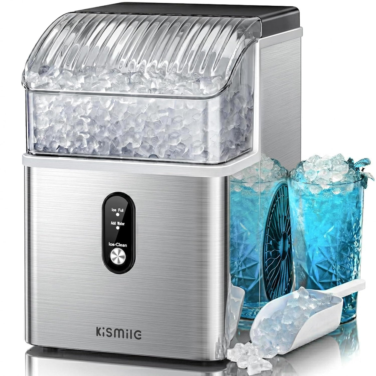 Kismile Nugget Eiswürfelbereiter, tragbare Eismaschine mit zerkleinertem Eis, 15,9 kg/Tag, selbstreinigend, Ein-Klick-Bedienung für den Heimgebrauch (Silber)