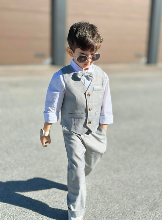 Volunboy Baby Jungen Anzug, Kinder Anzugweste Festliche Hochzeit Kleidung Bekleidung Set 4tlg (3-4 Jahre, Grau, Größe 110)