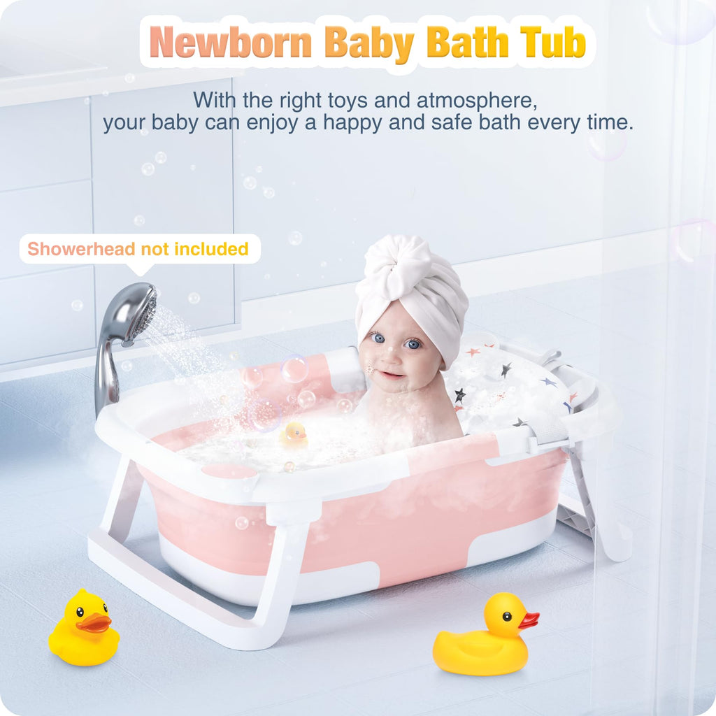 Rabb 1st Baby Badewanne Faltbare, Baby Bathtub Babywanne Faltbar Babybadewanne Tragbare Wanne für Neugeborene Kleinkinder mit Rutschfester Matte und Abflussloch (Kein Thermometer) (Rosa)