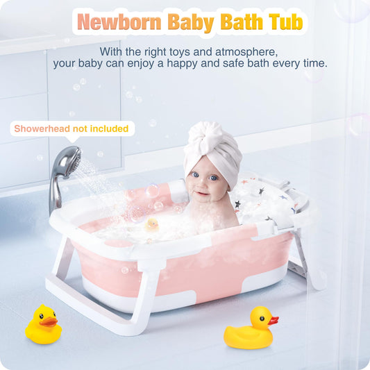 Rabb 1st Baby Badewanne Faltbare, Baby Bathtub Babywanne Faltbar Babybadewanne Tragbare Wanne für Neugeborene Kleinkinder mit Rutschfester Matte und Abflussloch (Kein Thermometer) (Rosa)