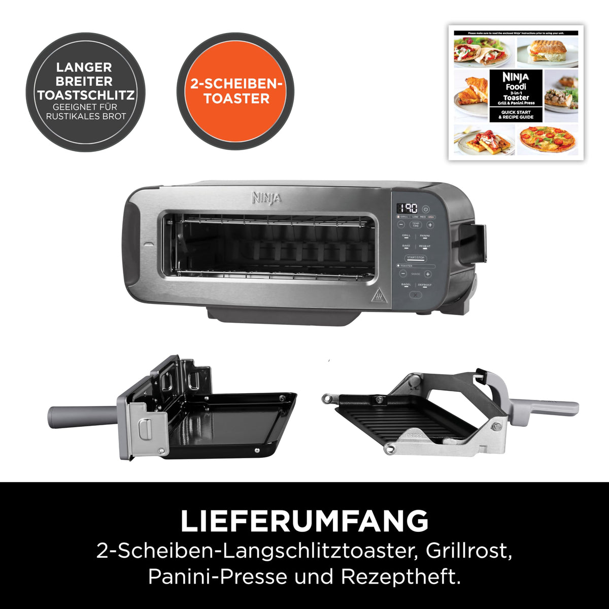 Ninja Foodi 3-in-1 Toaster, Elektrogrill mit Deckel, Edelstahl, ST202EU