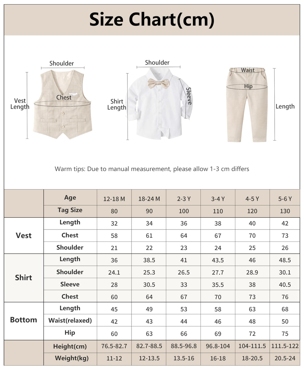 Volunboy Baby Jungen Anzug, Kinder Anzugweste Festliche Hochzeit Kleidung Bekleidung Set 4tlg(Größe 110,3-4 Jahre,Beige
