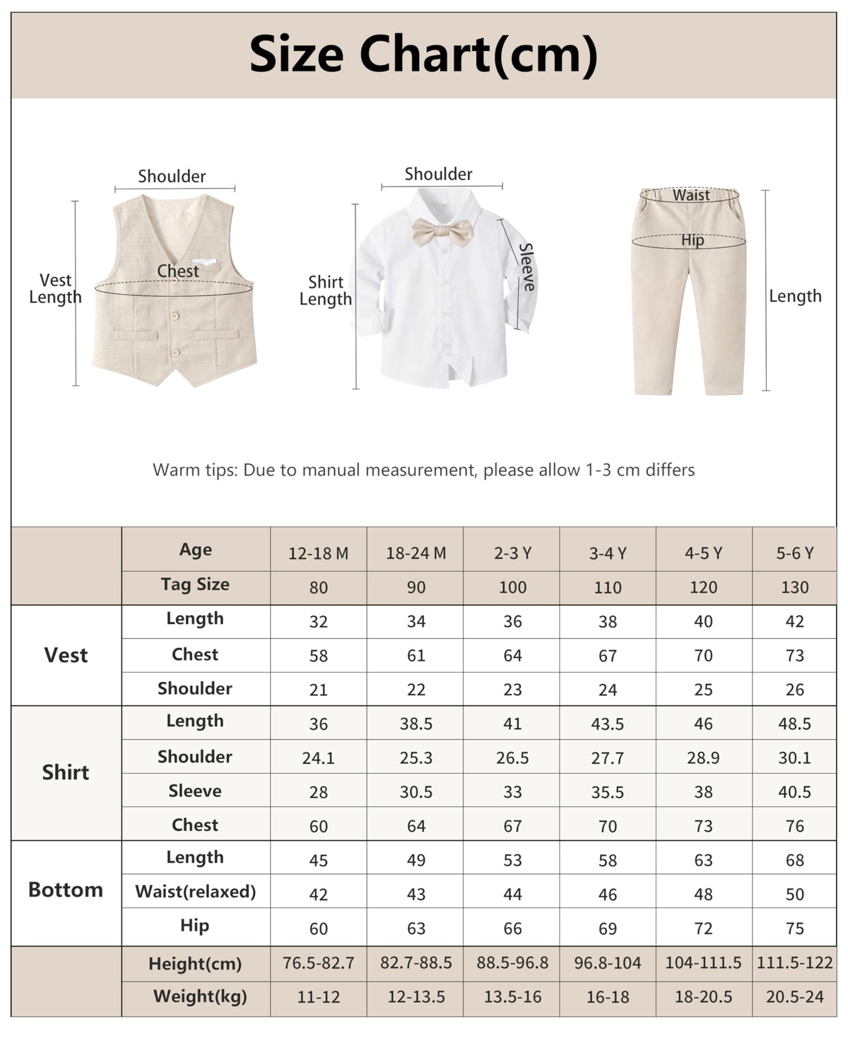 Volunboy Baby Jungen Anzug, Kinder Anzugweste Festliche Hochzeit Kleidung Bekleidung Set 4tlg(Größe 110,3-4 Jahre,Beige