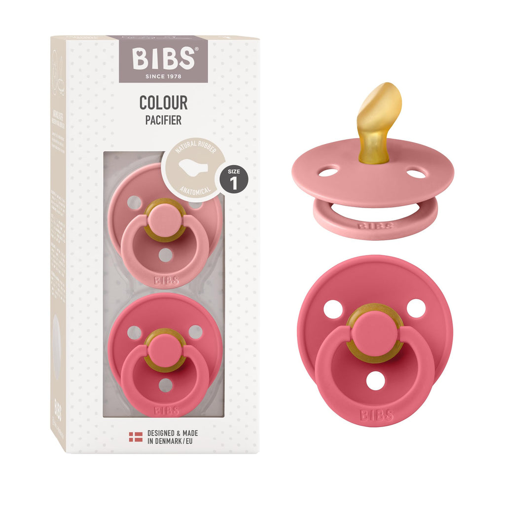 BIBS Colour Anatomical Schnuller 2er Pack, BPA-frei Dummy-Schnuller, Kiefergerechte Form. Naturkautschuk/Latex, Hergestellt in Dänemark, Größe 1 (0-6 Monate), Dusty Pink/Coral