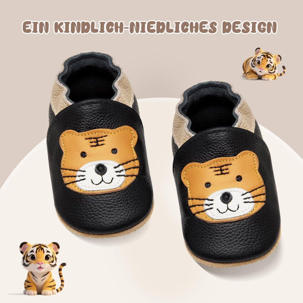IceUnicorn Krabbelschuhe Baby Lauflernschuhe Jungen Mädchen Weicher Leder Babyhausschuhe Kleinkind Rutschfeste Lederschuhe Baby(Schwarzer Tiger, 12-18 Monate)