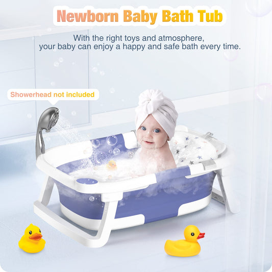 Rabb 1st Baby Badewanne Faltbare, Baby Bathtub Babywanne Faltbar Babybadewanne Tragbare Wanne für Neugeborene Kleinkinder mit Rutschfester Matte und Abflussloch (Kein Thermometer) (Blau)